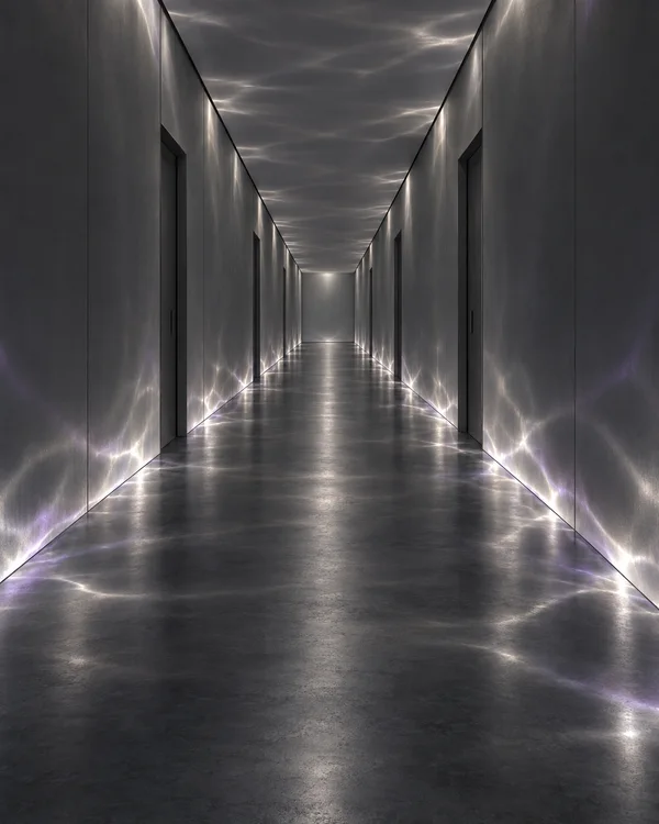 A centered, symmetrical gray corridor with recessed dark doorways recedes toward a small bright point; silver-white rippled reflections run along the walls and…