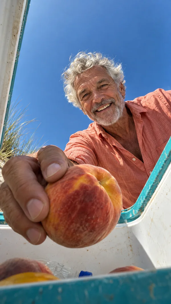 A smiling older man with silver curls and gray stubble leans over a scuffed turquoise-and-white cooler, holding a large peach toward the camera.