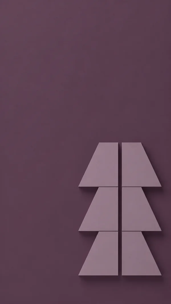 Three vertically stacked pairs of dusty-lilac trapezoids sit in the lower-right of a muted-plum portrait field, with a narrow gap down the middle and soft…