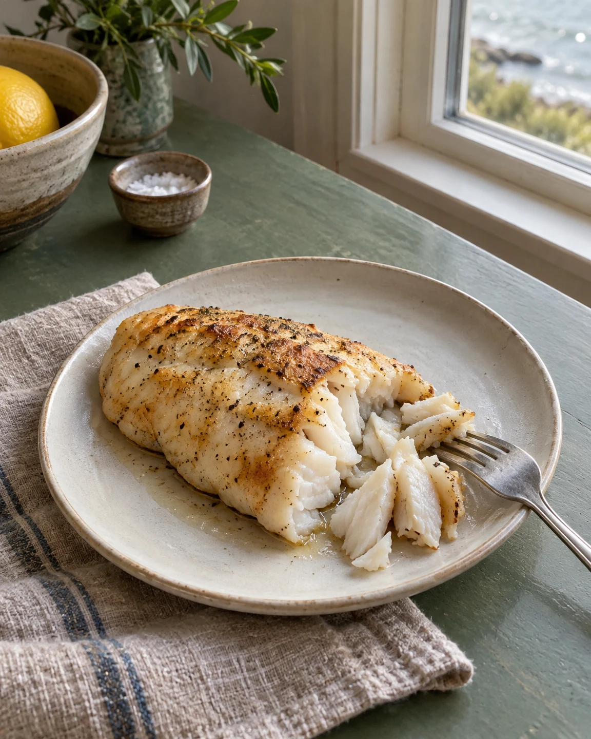 A golden, seasoned white-fish fillet is opened into flakes on a cream ceramic plate, with a fork resting across its right edge.