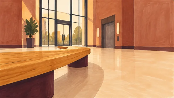 A wide crescent-shaped oak bench with dark plum supports fills the left foreground of a warm-toned residential lobby, with tall glazed entrance doors, a potted…