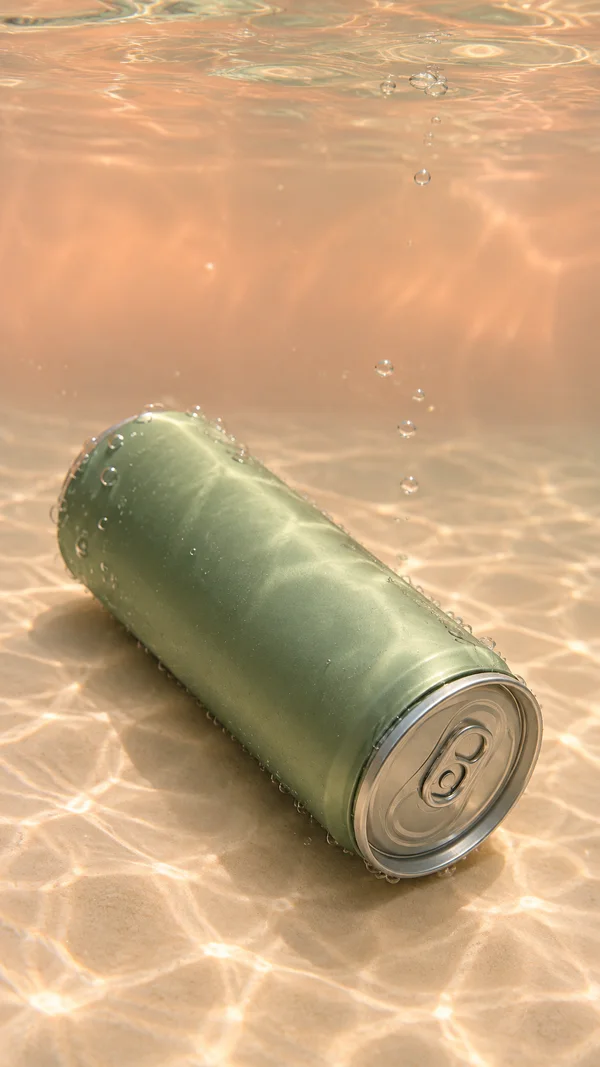 A blank sage-green aluminum can lies diagonally on a pale peach underwater floor, with its silver pull-tab end facing the camera and bubbles floating around it.