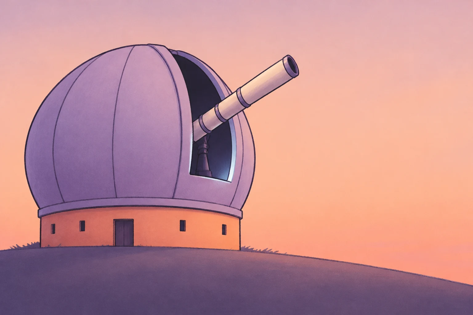 A whimsical observatory with a large lilac dome and squat peach-orange base sits on a curved plum-colored hill against a pale peach dusk sky.