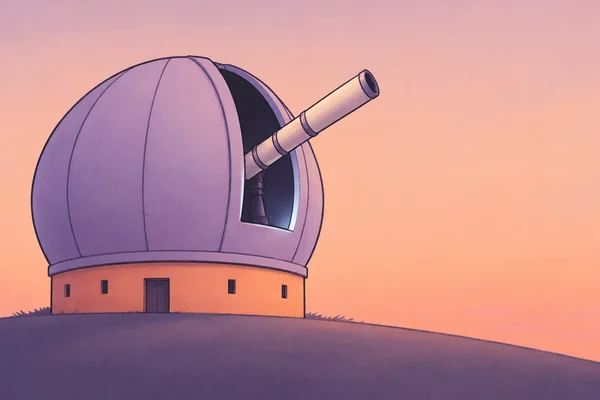 A whimsical observatory with a large lilac dome and squat peach-orange base sits on a curved plum-colored hill against a pale peach dusk sky.