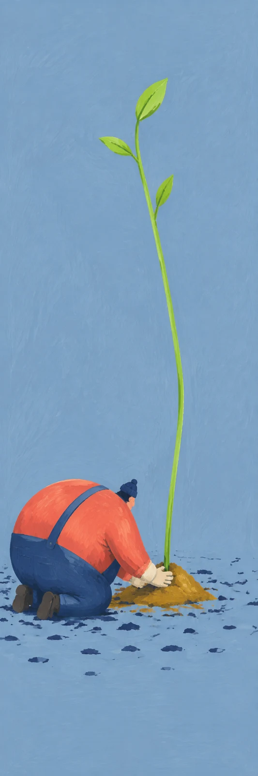 A squat gardener in a coral shirt and blue overalls kneels at the lower left, pressing earth around a very tall, slightly leaning lime-green sapling with three…