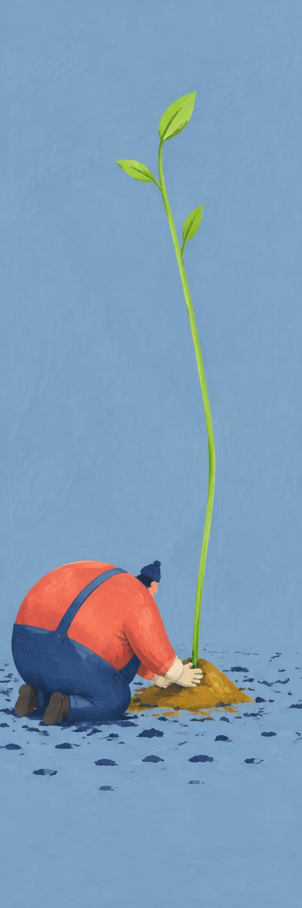 A squat gardener in a coral shirt and blue overalls kneels at the lower left, pressing earth around a very tall, slightly leaning lime-green sapling with three…