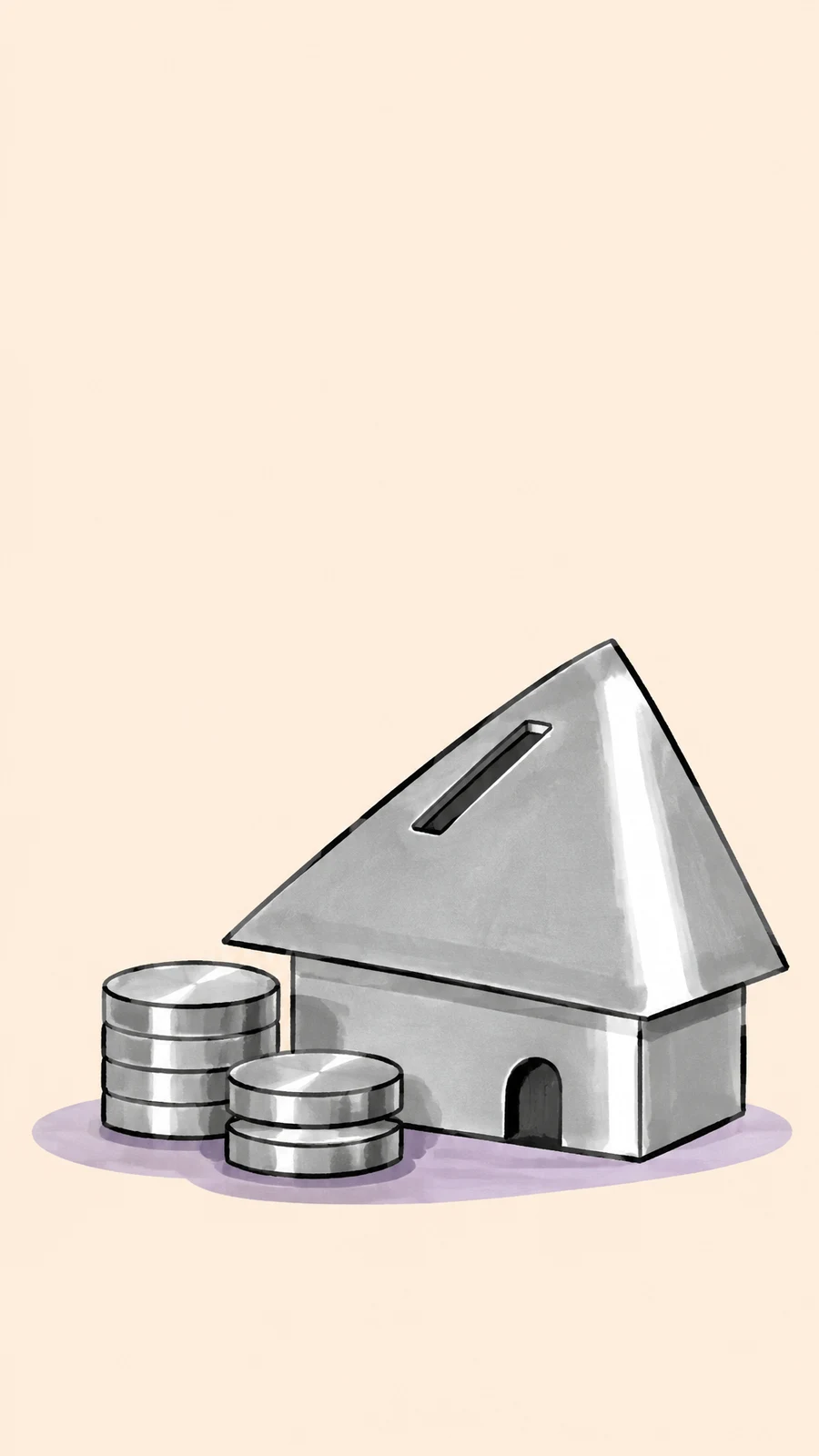 A bright silver house-shaped savings bank with a large triangular roof and visible coin slot sits beside two stacks of silver coins on a lavender shadow…