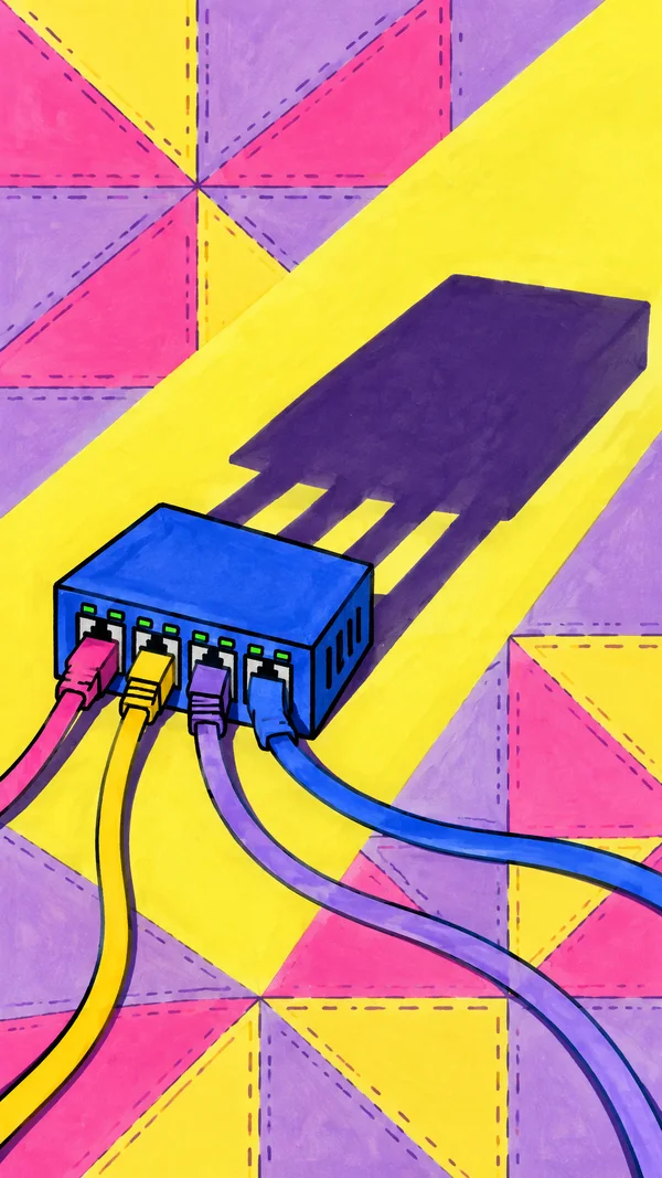 A cobalt-blue network switch with four colored cables sits on a yellow diagonal among lavender and pink quilt-like geometric shapes; a large dark-purple shadow…