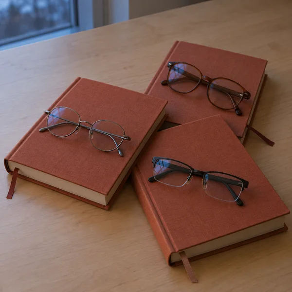 Three terracotta clothbound books overlap diagonally on a maple tabletop, each with a different pair of reading glasses resting on its cover; ribbon bookmarks…