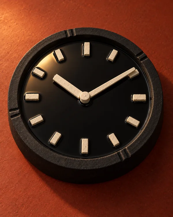 A circular black analog clock with raised ivory markers and two ivory hands rests on a textured rust-red surface, lit warmly from the side.