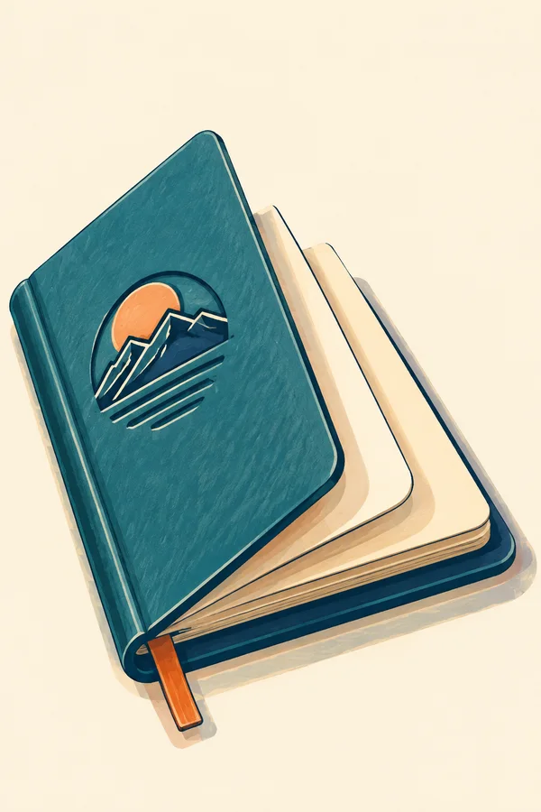 A teal travel journal lies diagonally on a warm ivory surface, its cover partly open over several cream pages; a sun-and-mountain emblem decorates the cover…