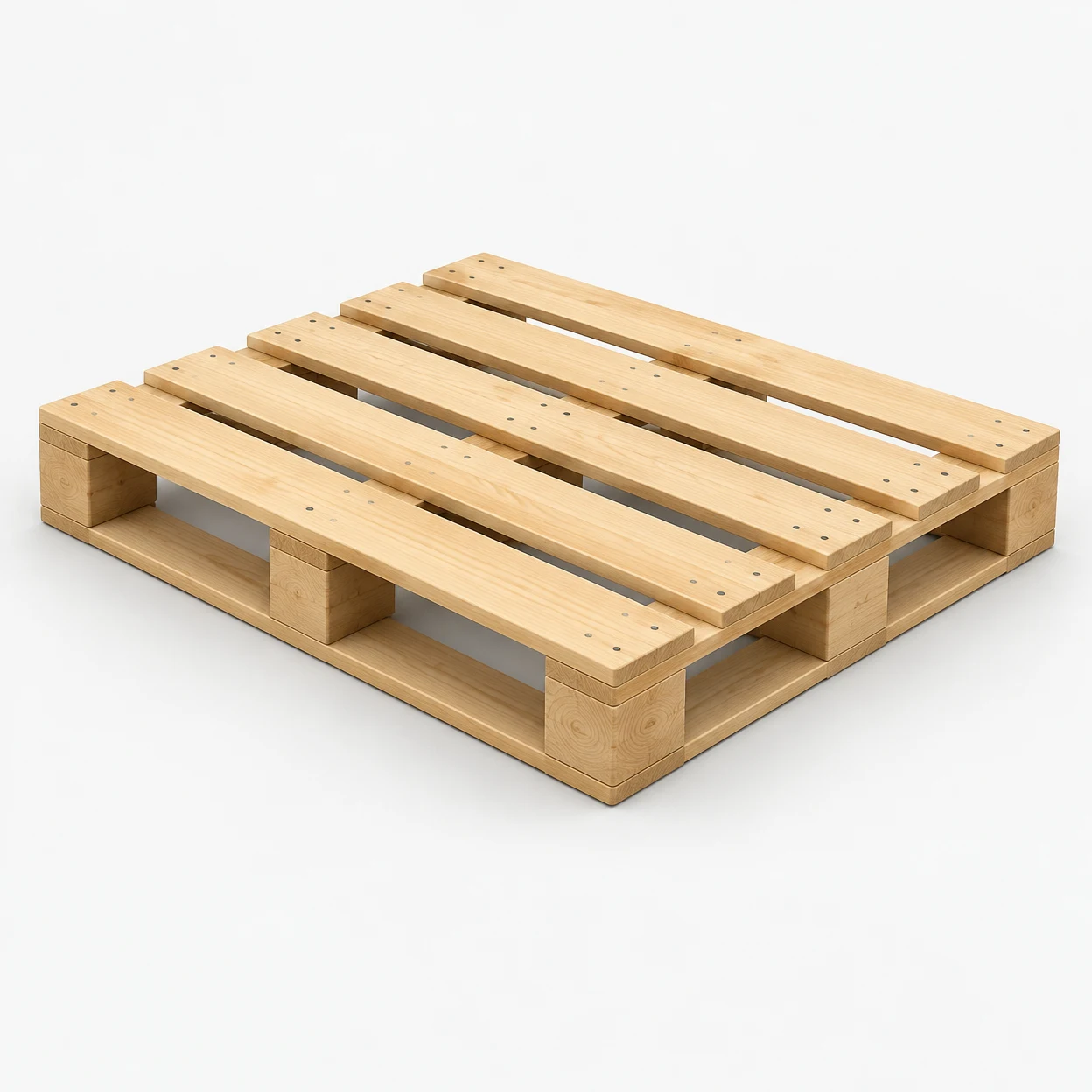 A pale wooden shipping pallet is shown from a three-quarter angle against an off-white background, with parallel top boards, block supports, lower runners and…