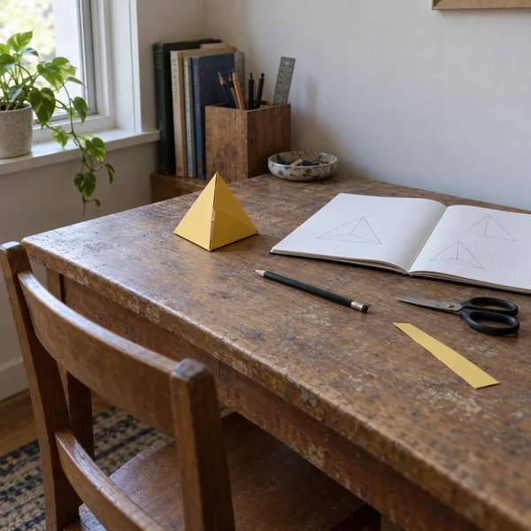 A yellow folded-paper pyramid sits on a heavily worn wooden table beside an open graph-paper notebook with pencil triangle sketches, a pencil, closed scissors…
