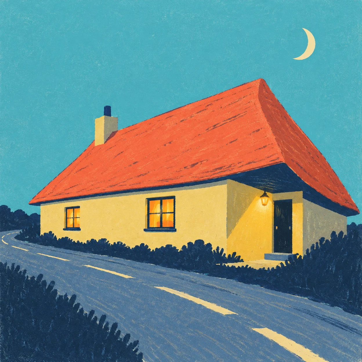 A long butter-yellow cottage with a large coral roof sits beside a curving road under a turquoise sky.