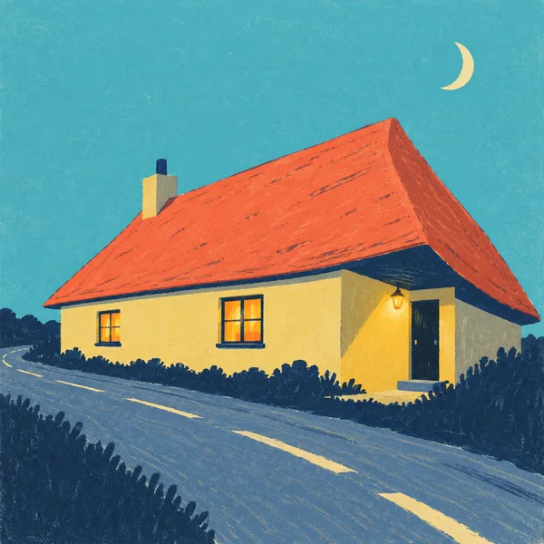 A long butter-yellow cottage with a large coral roof sits beside a curving road under a turquoise sky.