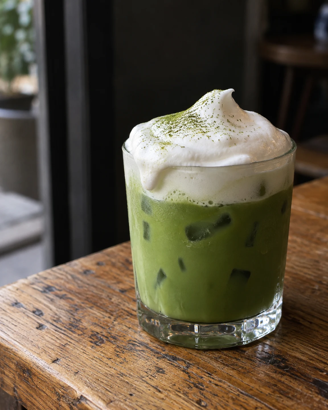 A clear tumbler of iced green matcha with a tall white foam topping and a spoon-shaped peak sits on a worn honey-coloured wooden counter against a dark café…