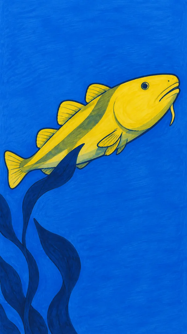 A large yellow fish swims diagonally upward to the right through a blue underwater field, with dark-blue kelp fronds rising from the lower left.