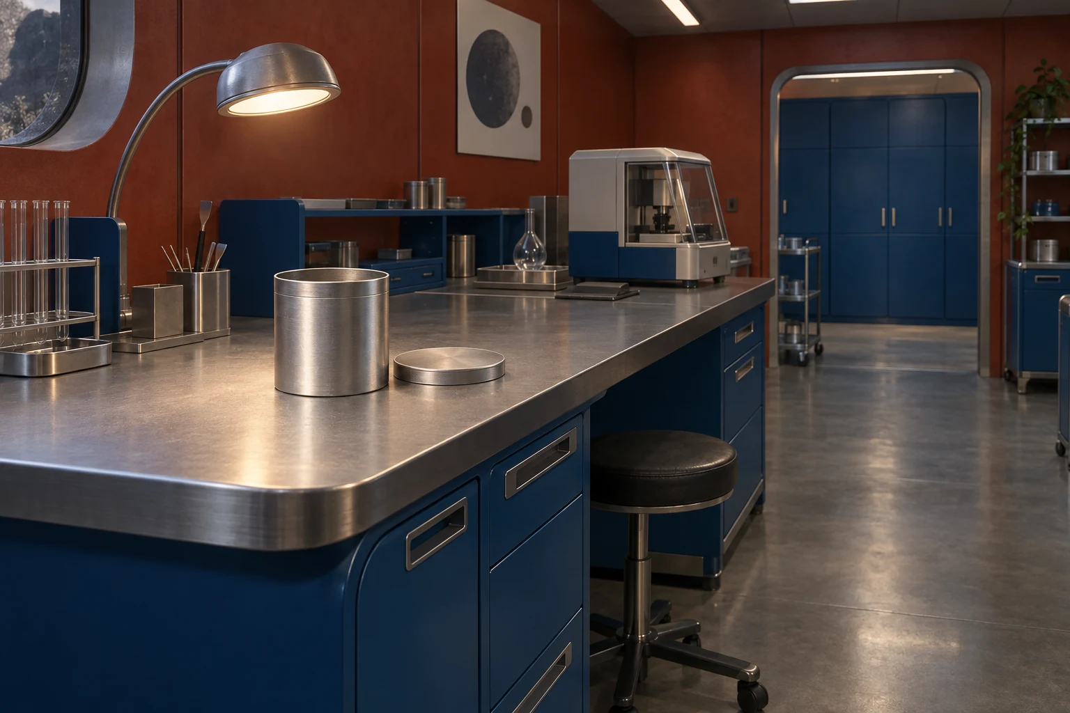 A blank open brushed-metal tin and its flat lid sit on a stainless workbench in a rust-red and cobalt-blue laboratory, with an enclosed testing instrument, an…