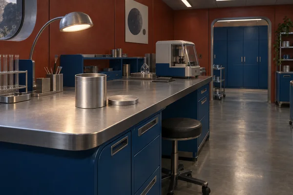A blank open brushed-metal tin and its flat lid sit on a stainless workbench in a rust-red and cobalt-blue laboratory, with an enclosed testing instrument, an…