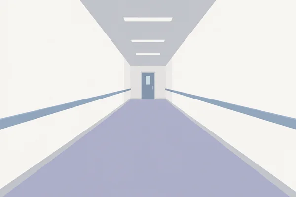A minimalist, symmetrical clinic corridor in one-point perspective, with broad off-white walls, a muted violet floor, blue handrails, three ceiling lights and…