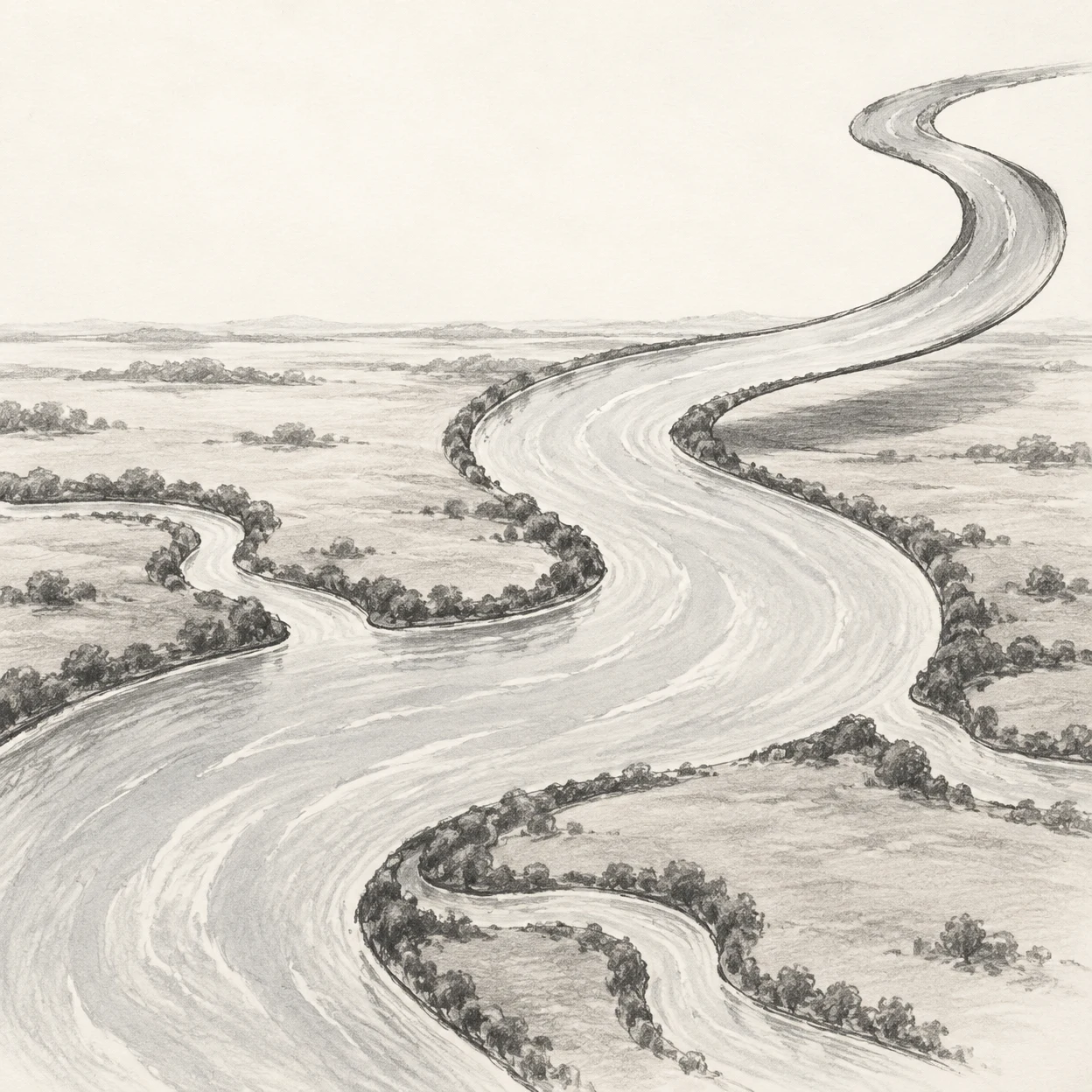 A graphite-style aerial illustration of a broad winding river crossing a textured floodplain, with dark vegetation along its banks and an upper-right stretch…