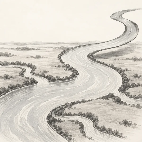 A graphite-style aerial illustration of a broad winding river crossing a textured floodplain, with dark vegetation along its banks and an upper-right stretch…