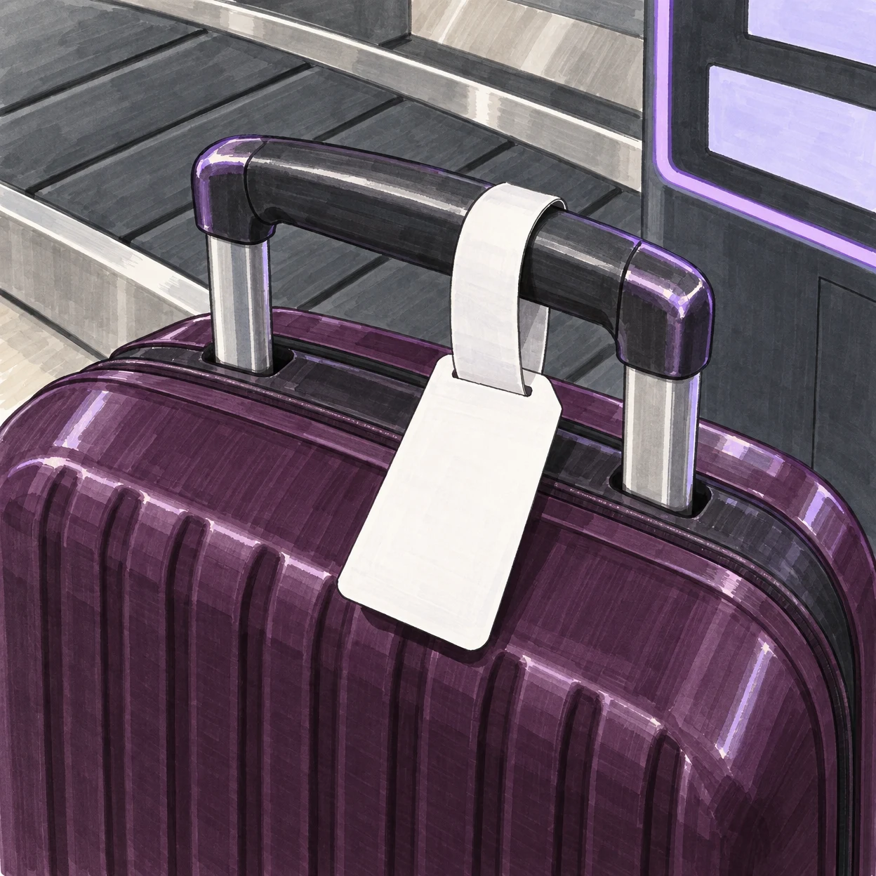 A hand-drawn marker-style closeup of a deep-plum ribbed suitcase, with its raised handle and a blank white baggage tag in the foreground.