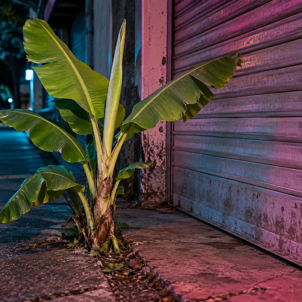 A young banana plant grows from a narrow pavement opening beside a closed, weathered metal shutter at night, lit in cyan and magenta.