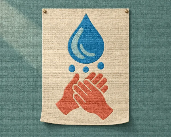 A cream woven-fabric poster with a blue water droplet and three beads above coral hands rubbing together hangs on a muted teal textured wall, secured by two…