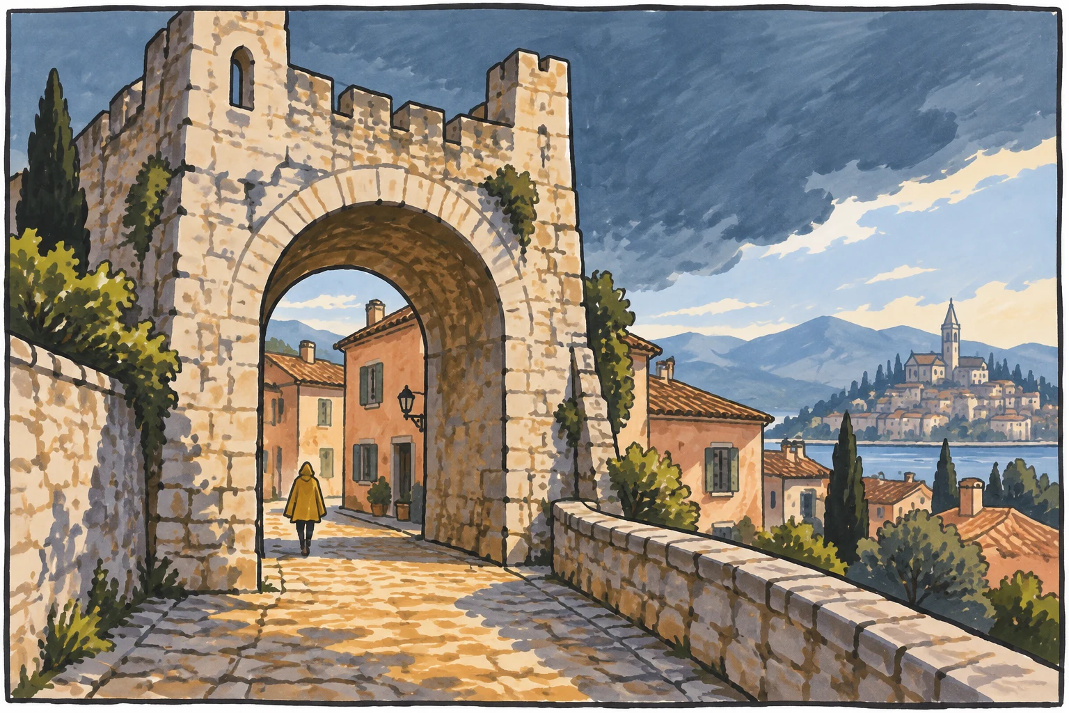 A small figure in a mustard cape walks away along a sunlit stone path beneath a tall cream-stone archway.