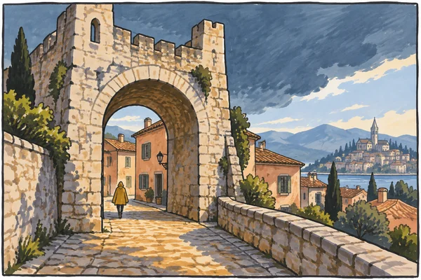A small figure in a mustard cape walks away along a sunlit stone path beneath a tall cream-stone archway.
