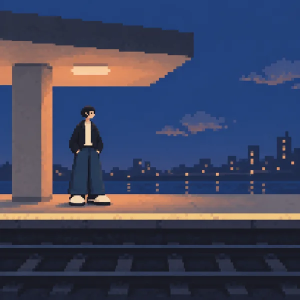A pixel-style illustration of a lone passenger beneath a broad shelter canopy on a metro platform at blue twilight, with a pale-yellow edge stripe and dark…