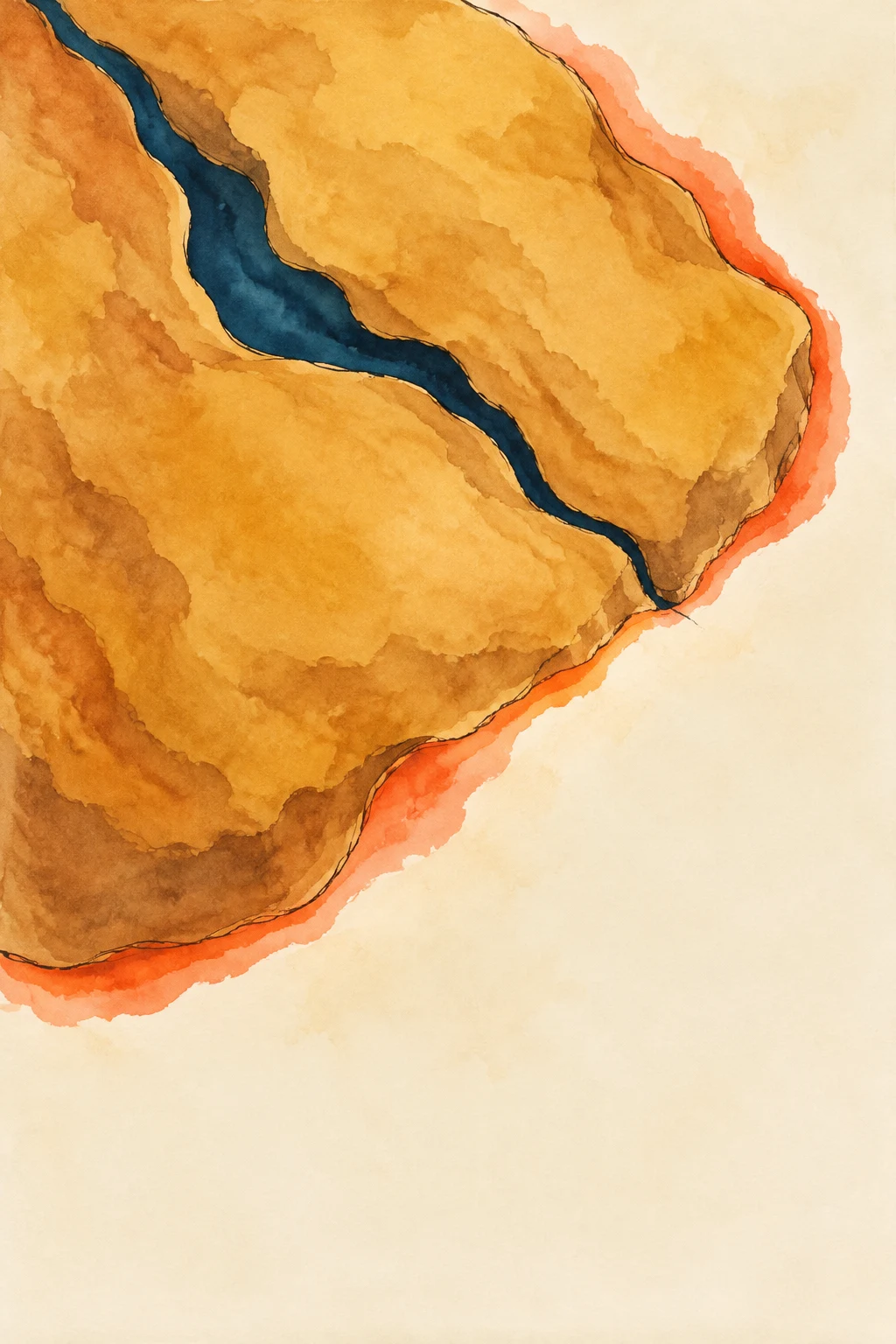 An overhead watercolor illustration of a large ochre plateau with a winding dark indigo gorge, edged by a bright coral wash against pale cream ground; the…