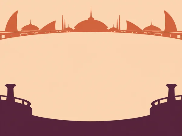 A pale-apricot plaza fills the center of a retro-futurist city scene, with rust-orange domes and swept fins across the horizon and a deep-plum terrace curving…