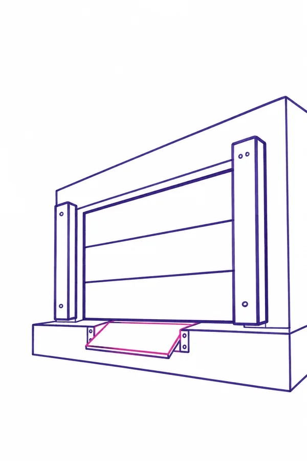 A violet outline illustration of a roll-up loading dock door on a raised platform, with tall narrow bumpers and a pink-outlined dock-leveler plate projecting…