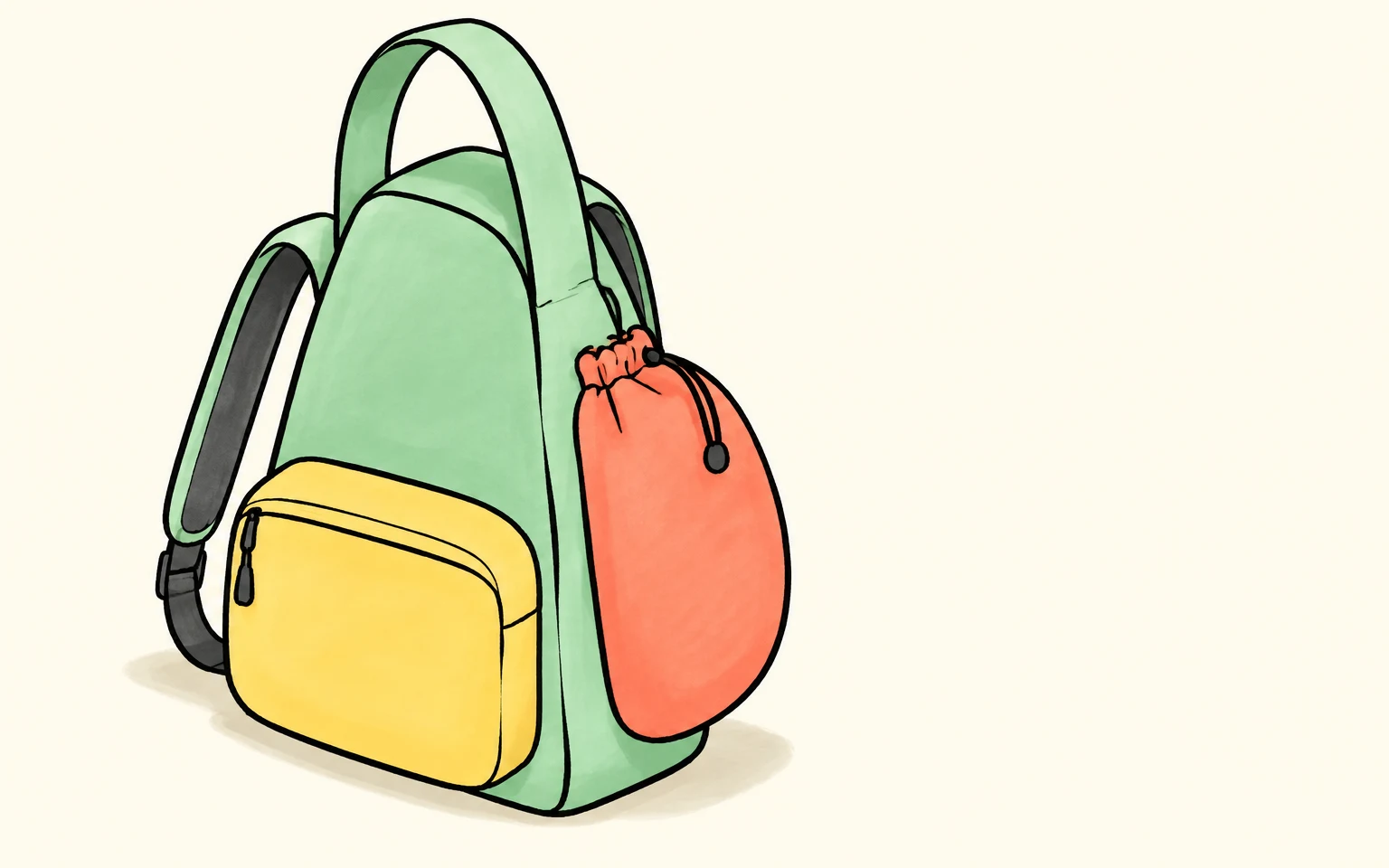 A mint-green daypack with a large arched handle, a butter-yellow front pocket, and a coral side pouch stands against a warm ivory background, with a pale…