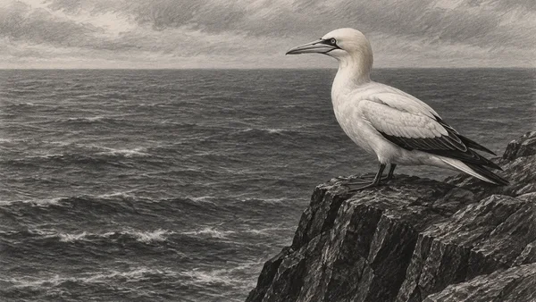 A pale northern gannet stands in profile on a jagged dark rock ledge at the right, facing left over a textured, monochrome sea beneath a cloudy sky.