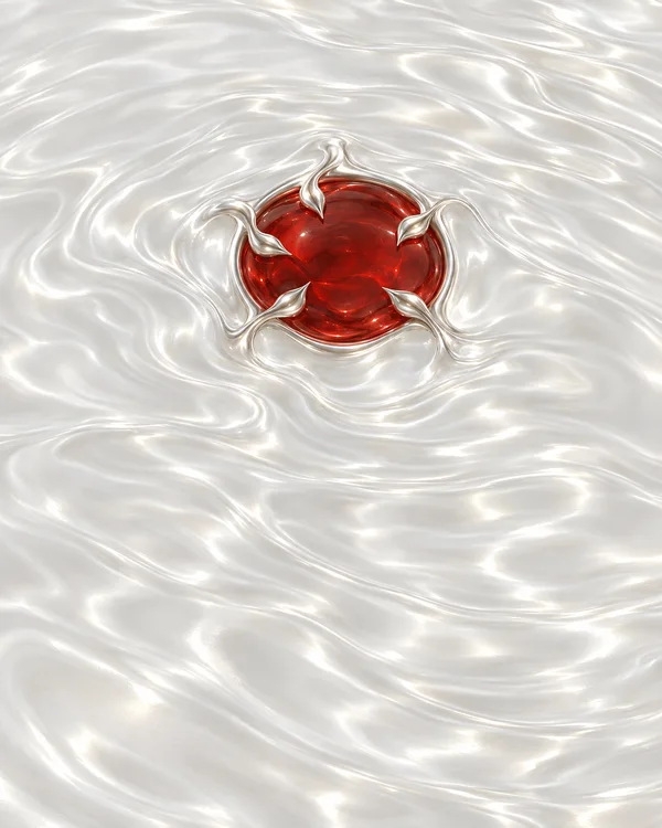 A glossy red circular pool sits within a thin silver rim in a pearly white rippling surface, with five silver leaf-shaped contours curling inward around it…