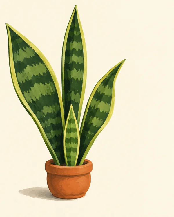 A snake plant with three tall, patterned leaves and a small new spear grows from a rounded rust-orange terracotta pot against a warm cream background, with…