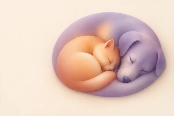 A small apricot cat sleeps curled against a larger lavender dog, their bodies forming a compact oval on a pale cream background with open space to the left.