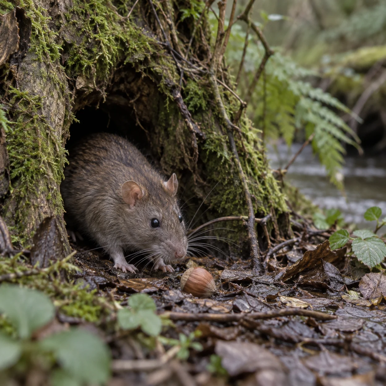 A brown rat emerges from a moss-covered tree hollow on wet leaf litter, its whiskers extended toward a fallen hazelnut, with ferns and a softly blurred…