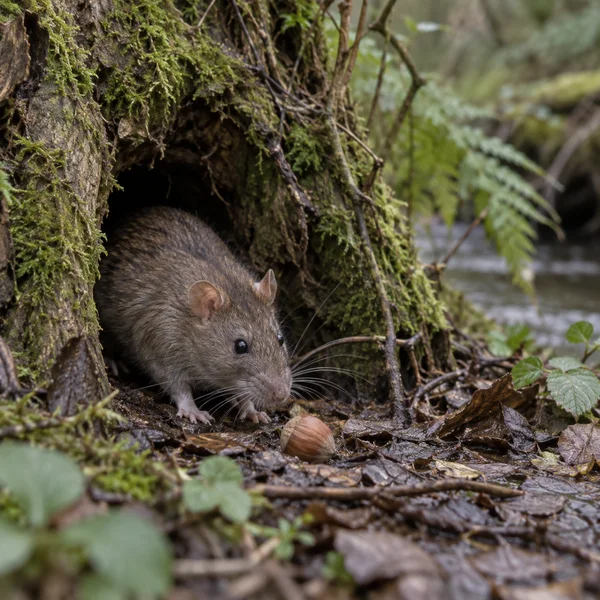 A brown rat emerges from a moss-covered tree hollow on wet leaf litter, its whiskers extended toward a fallen hazelnut, with ferns and a softly blurred…