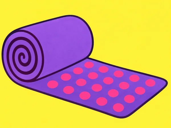 A violet exercise mat is partly rolled on a bright yellow background, with a dark-plum spiral on its circular end and hot-pink dots across the exposed section.