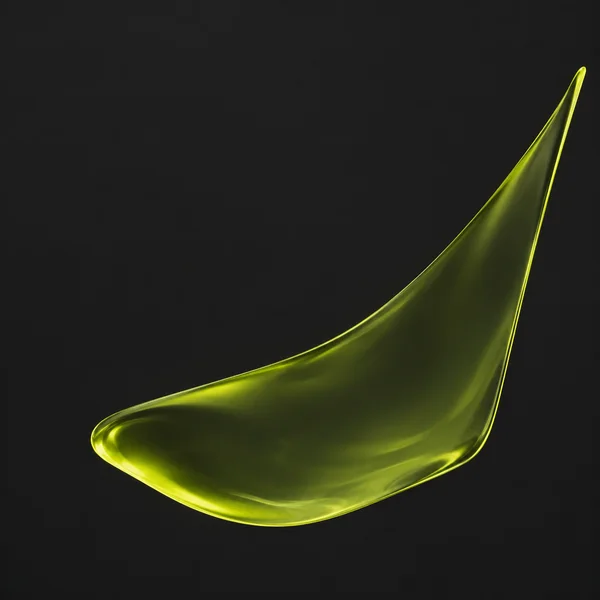A translucent chartreuse liquid form sweeps diagonally from a broad rounded base in the lower half to a narrow tip at the upper right, against a dark charcoal…