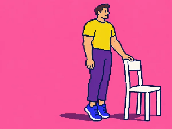 A pixel-edged illustration of a short-haired adult in a yellow shirt, violet trousers and blue sneakers, standing beside and holding a plain white chair…
