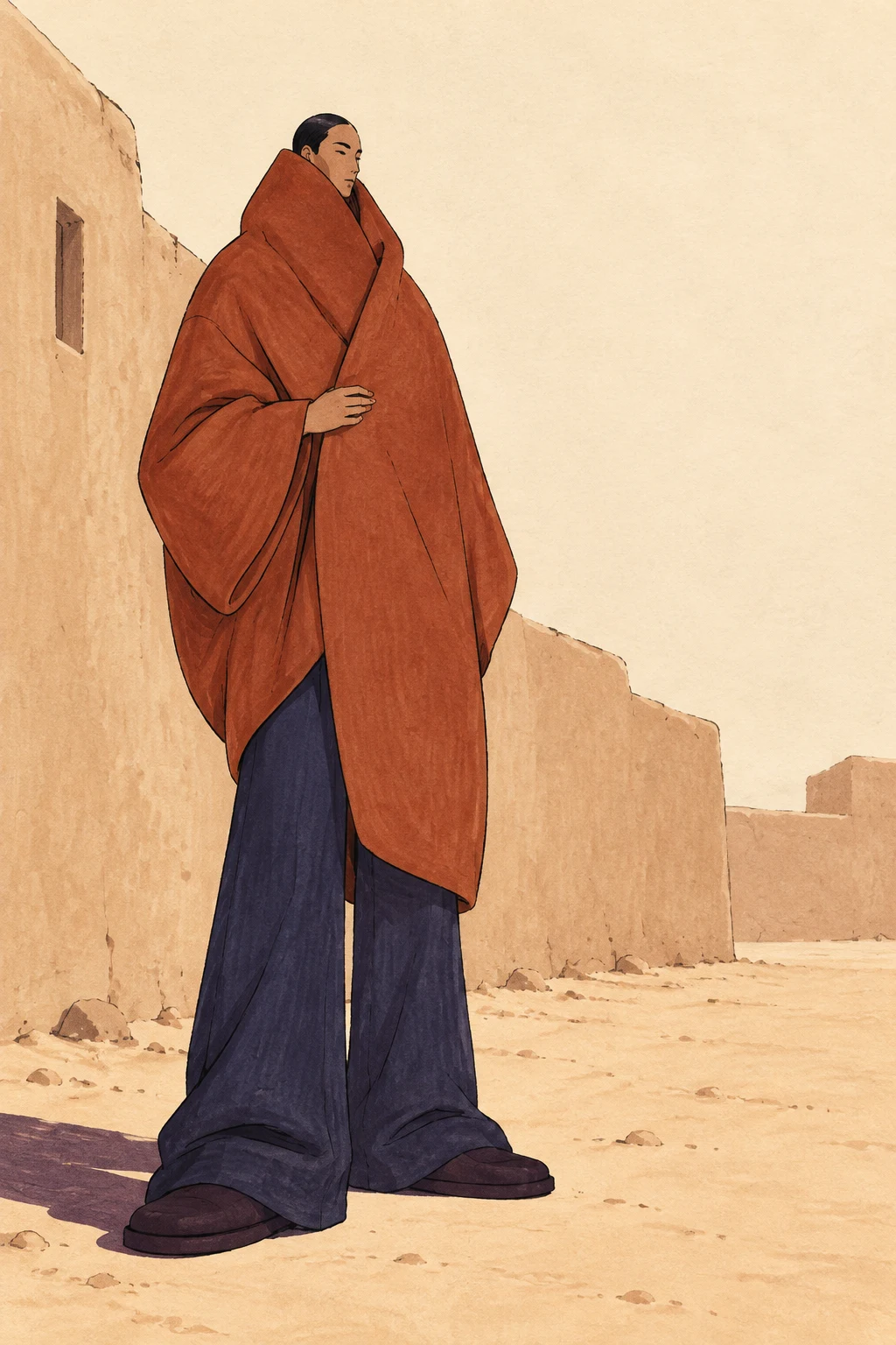 A person in an oversized terracotta coat, long indigo trousers, and broad shoes stands on a sandy lane beside weathered adobe buildings, with one hand resting…