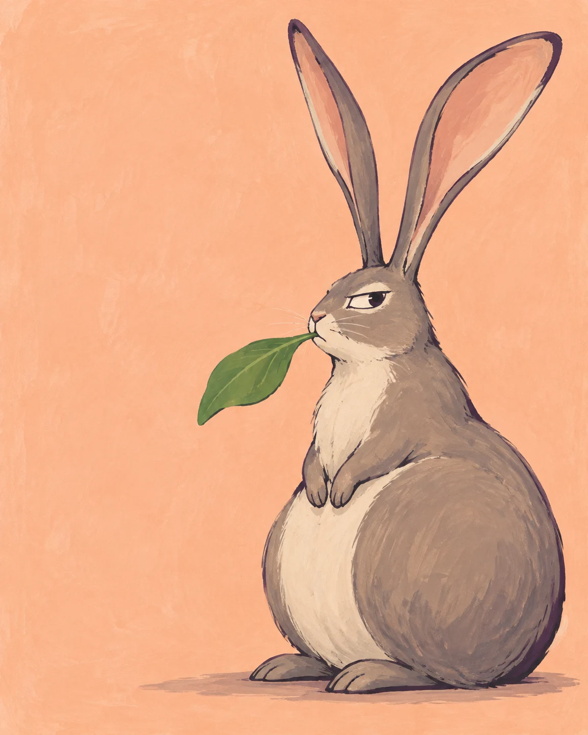 A warm-grey rabbit sits in three-quarter profile on a peach background, holding a broad green leaf in its mouth.