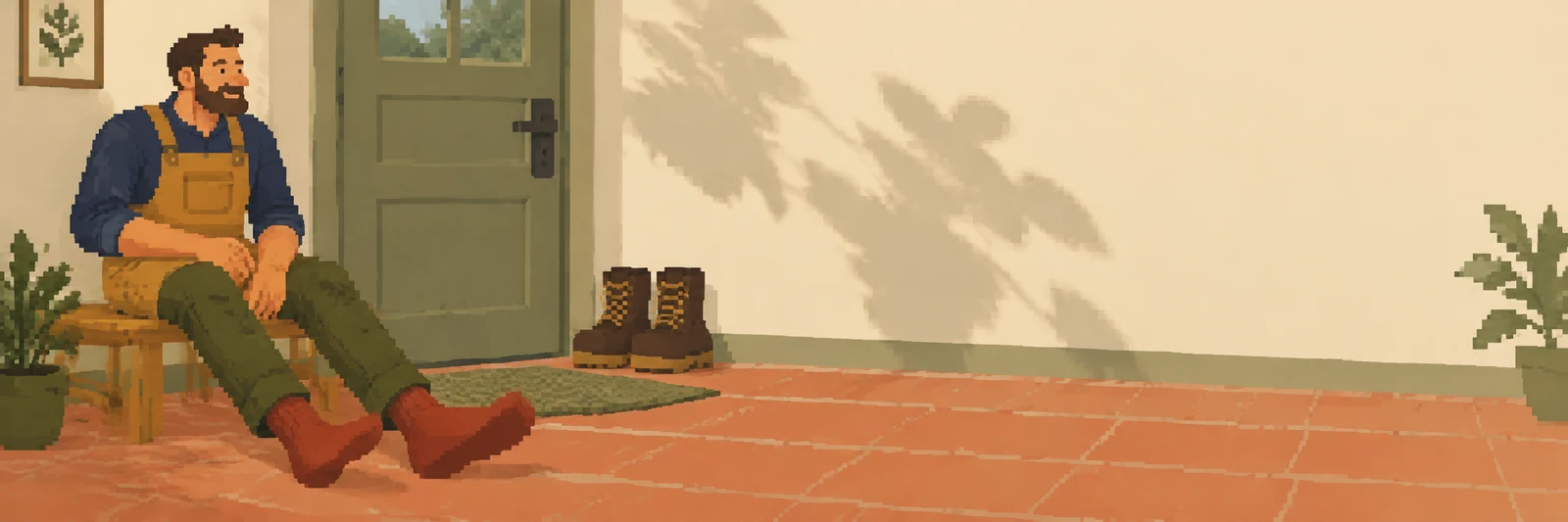 A bearded person in an indigo shirt and ochre apron sits on a wooden bench beside a closed green door, with long olive-trousered legs and rust-colored socks…