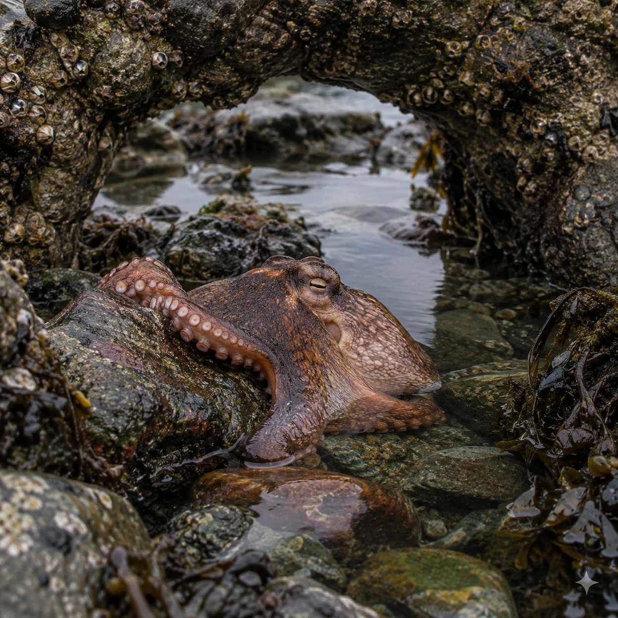 A mottled brown octopus rests among wet rocks in a clear tide pool beneath a barnacle-covered rock arch, with one eye visible and a sucker-lined arm curled…