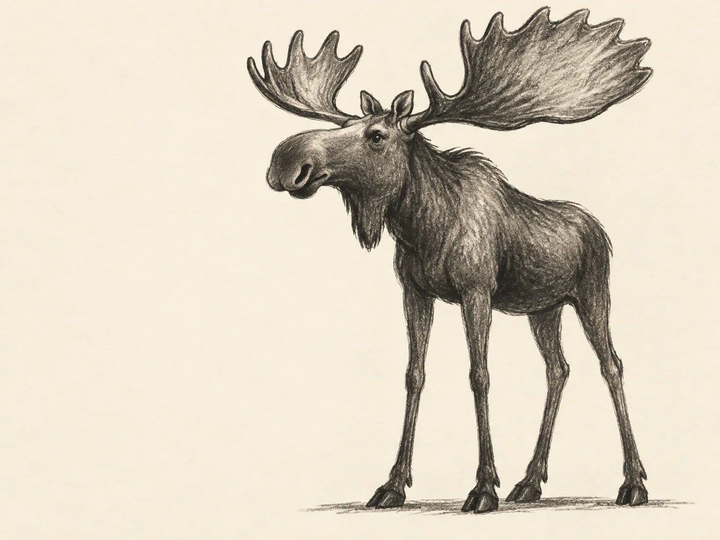 A charcoal drawing of a large moose facing left, with long slender legs, a drooping muzzle and broad, uneven palmate antlers, standing on a short ground mark…